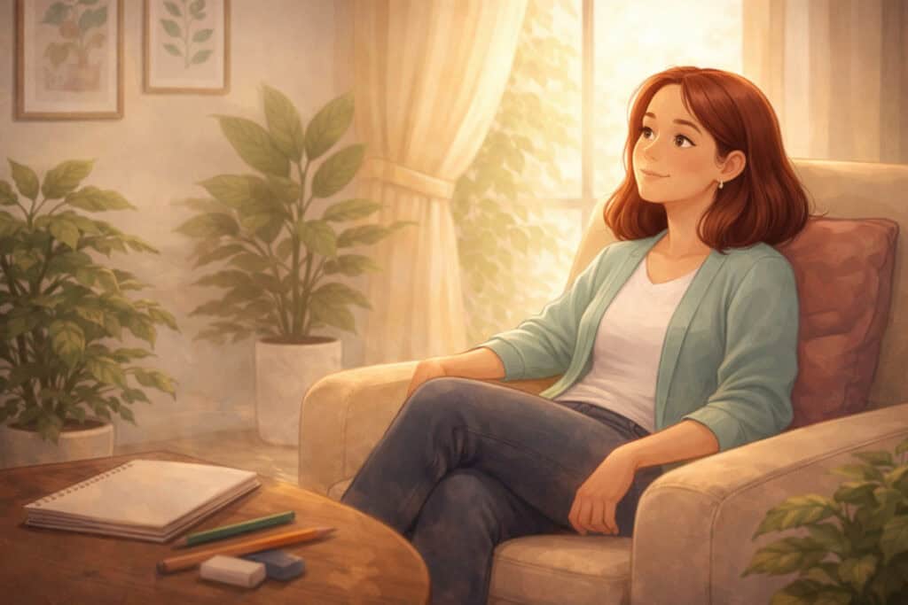 person relaxing after art therapy session reflecting calmly on progress Creature Courage