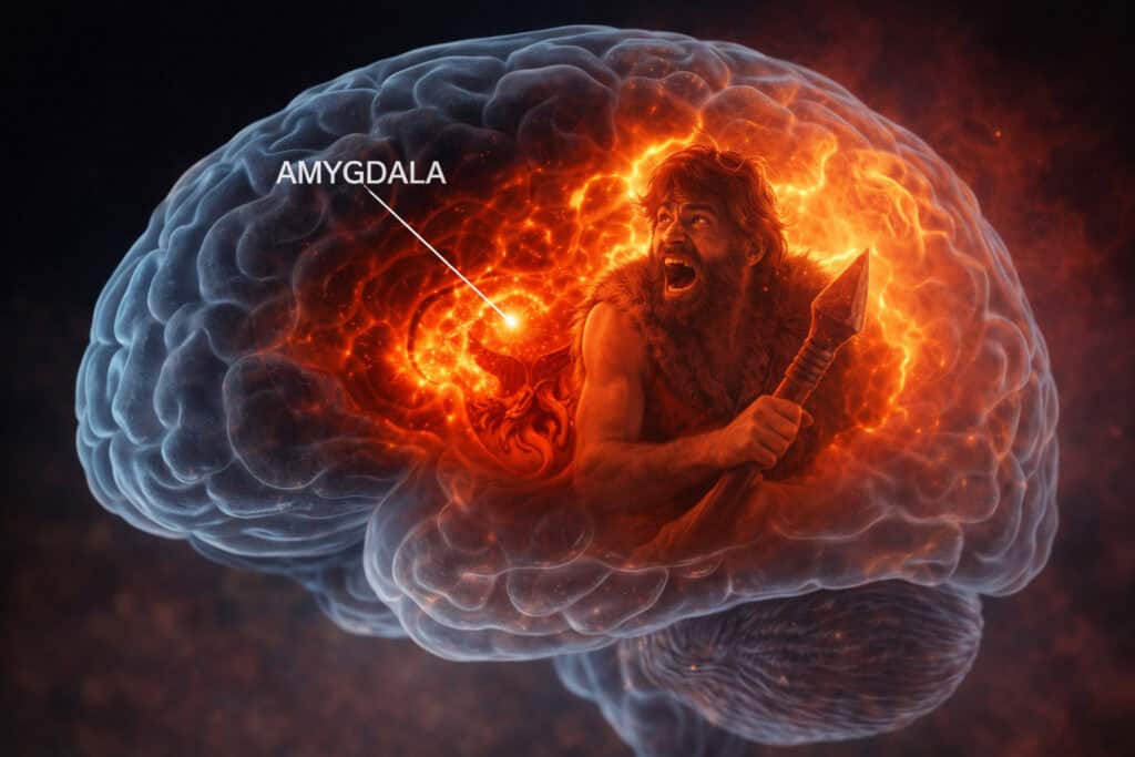 Illustration of the brain’s amygdala activating a fear response with a caveman representing the primitive survival brain