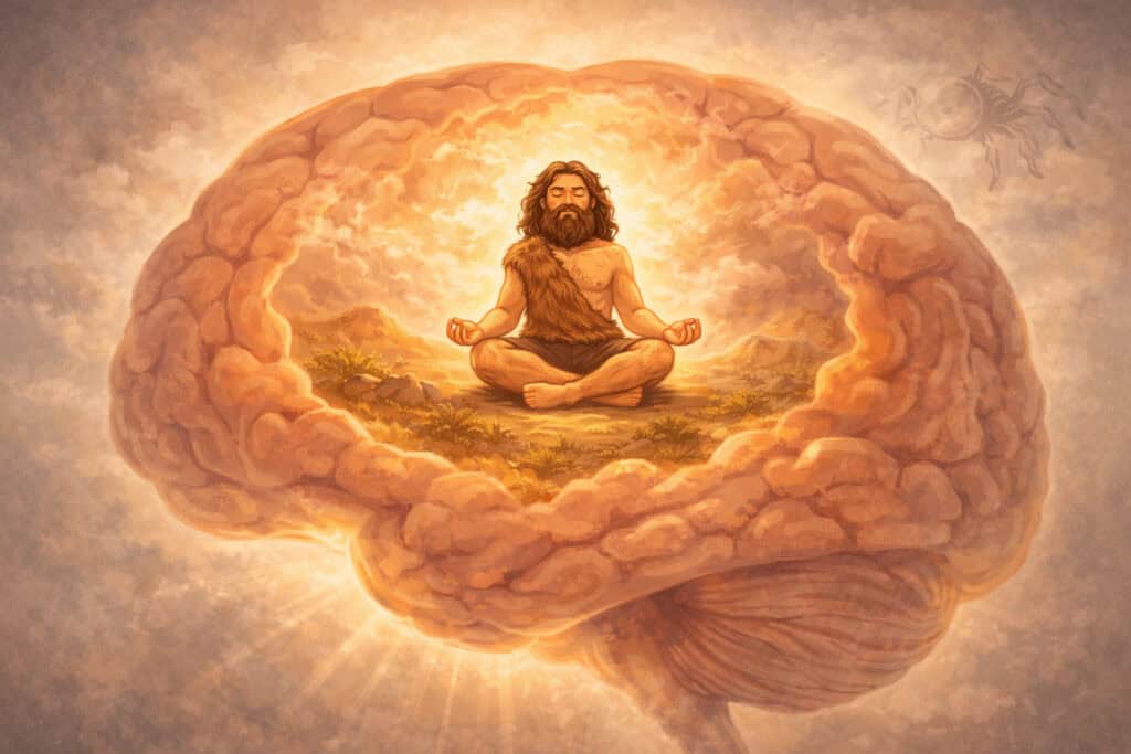 illustration of caveman meditating inside brain showing emotional regulation and fear reduction