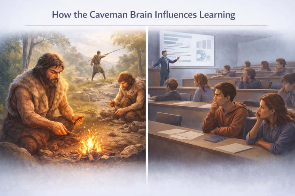 illustration comparing caveman experiential learning through hands on survival activities with modern classroom lecture learning