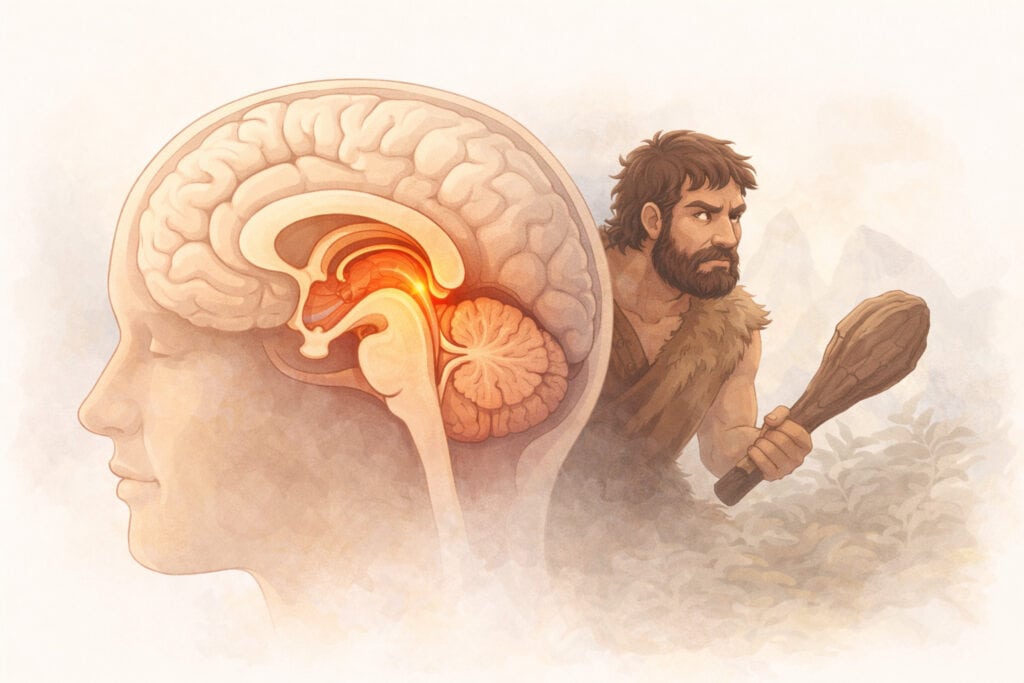 Illustration of the limbic system and caveman brain showing how the amygdala drives fear and anxiety responses