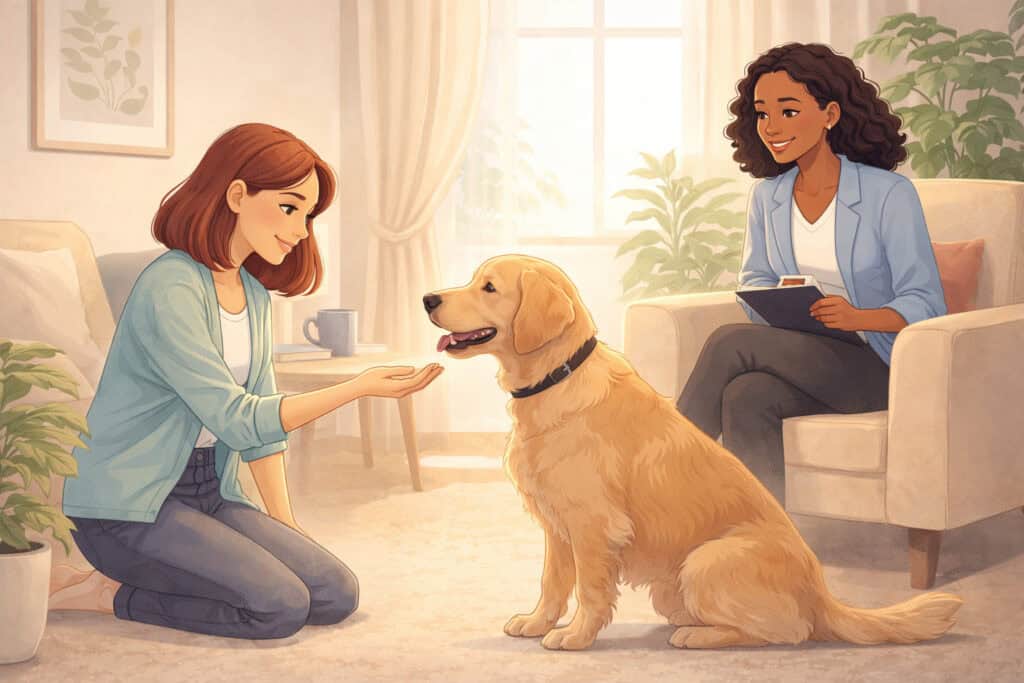 Cognitive Behavioural Therapy session showing safe interaction with a dog during animal phobia treatment Creature Courage