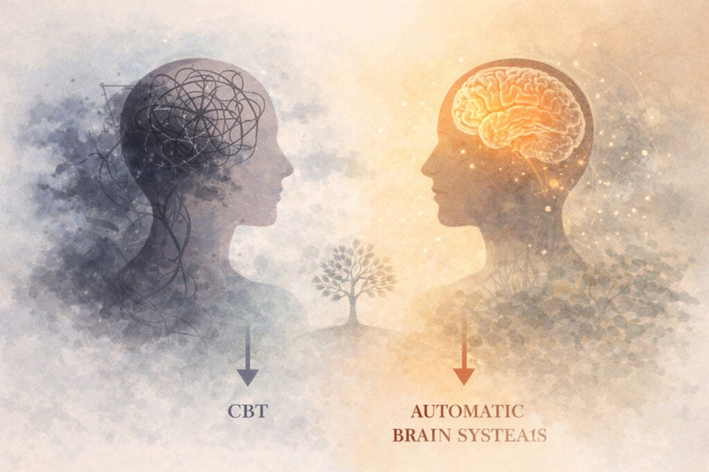 Illustration showing difference between Cognitive Behavioural Therapy thinking and automatic brain fear response driven by the limbic system