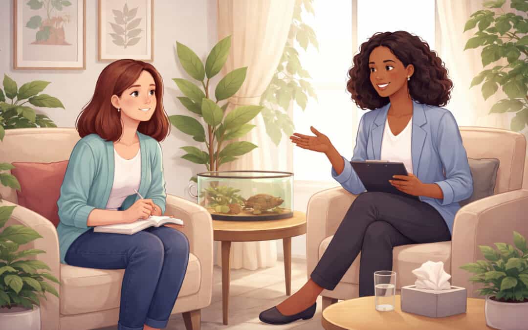 Cognitive Behavioural Therapy session for animal phobia showing therapist and client in calm supportive environment