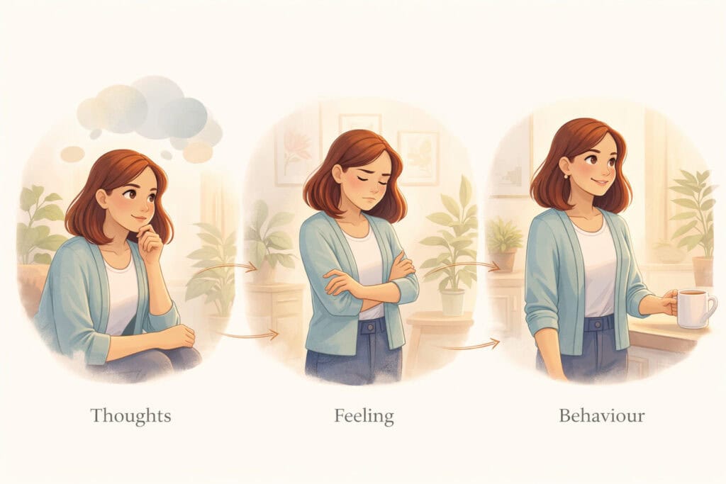 Illustration of Cognitive Behavioural Therapy model showing thoughts feelings and behaviours connection in a calm therapy context