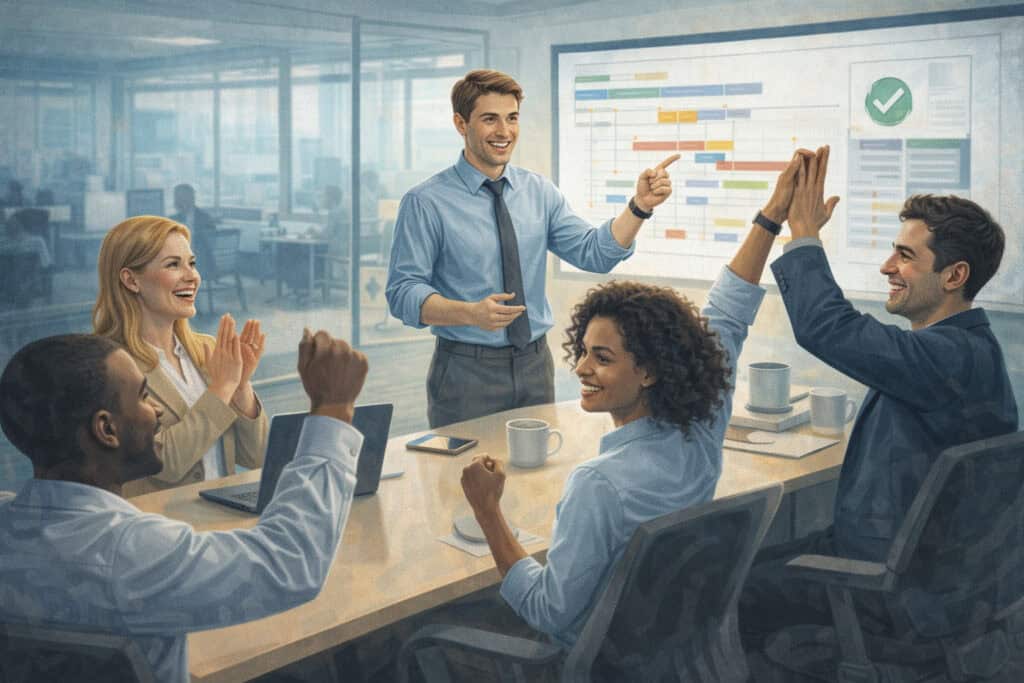 Confident workplace team collaborating successfully in a meeting illustrating positive workplace culture and employee confidence.