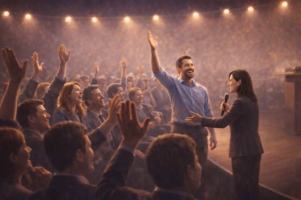 Experiential keynote speaker inviting audience participation during an interactive conference demonstration