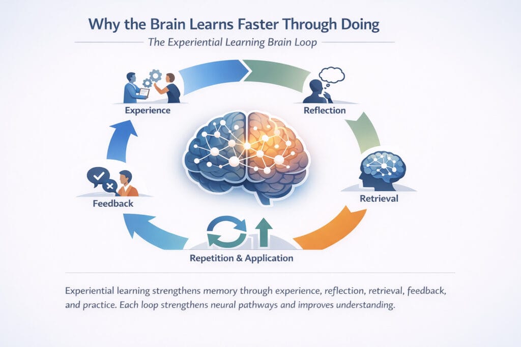 diagram showing how experiential learning strengthens memory through experience reflection retrieval feedback and repetition