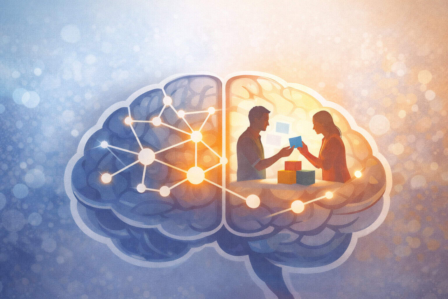 illustration of a brain showing neural connections and two people engaged in hands-on experiential learning activity inside the brain