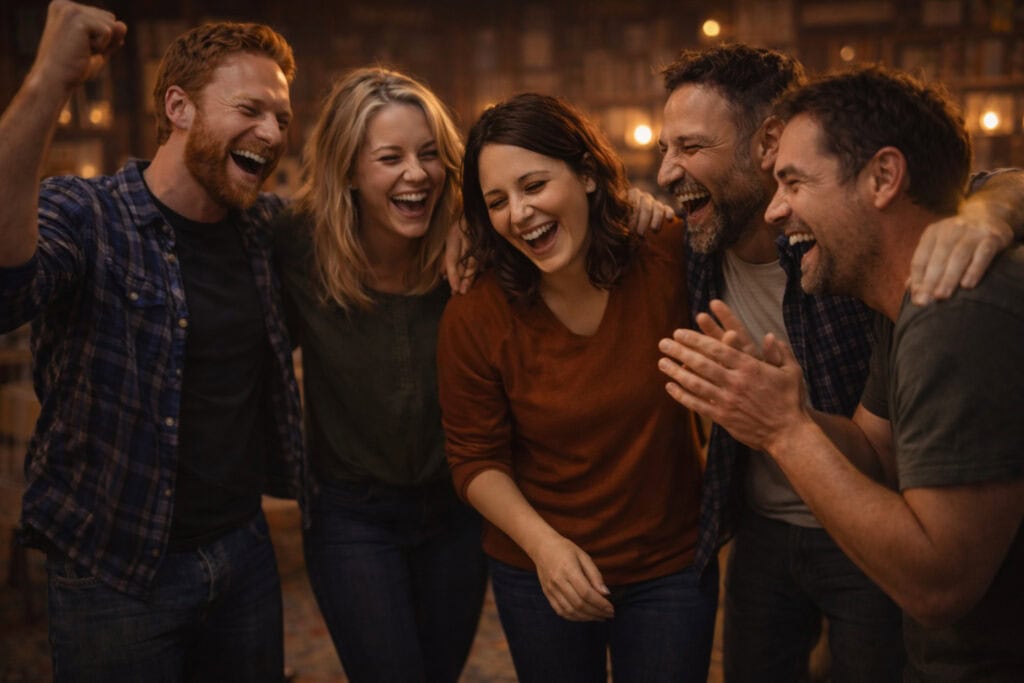 Group of adults laughing and celebrating together after sharing an experiential workshop activity.