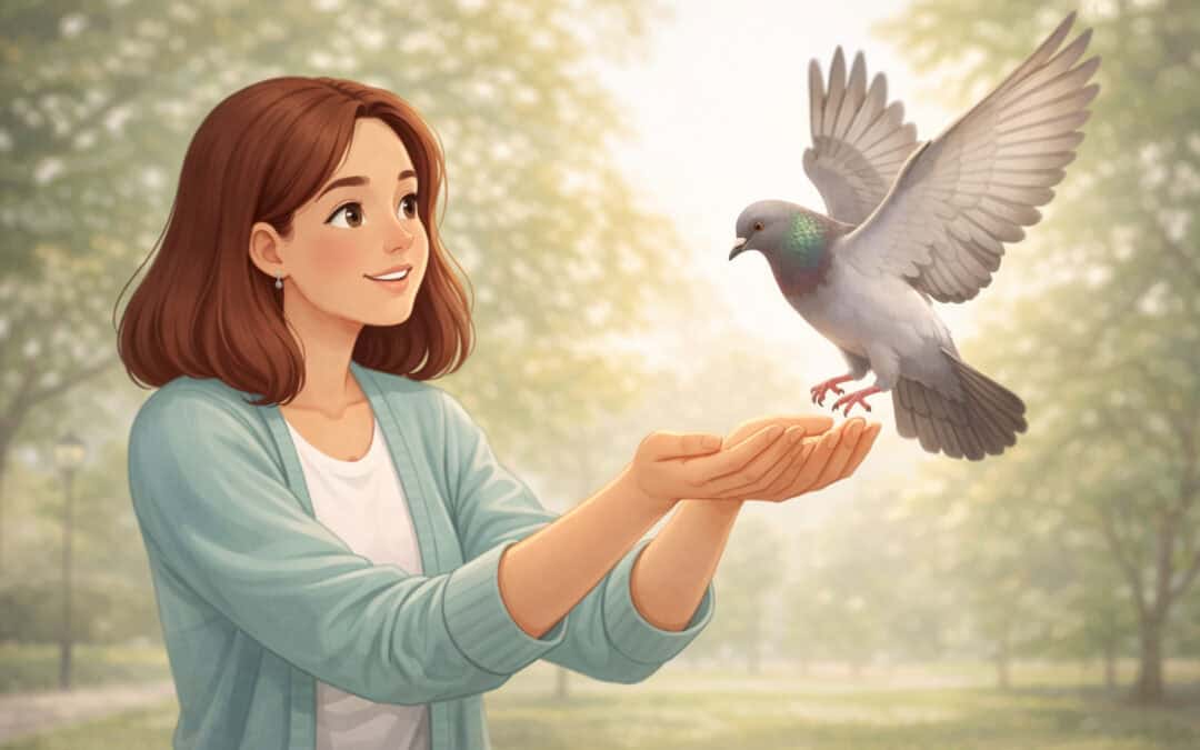 Woman calmly holding out her hands as a pigeon lands during exposure therapy Creature Courage