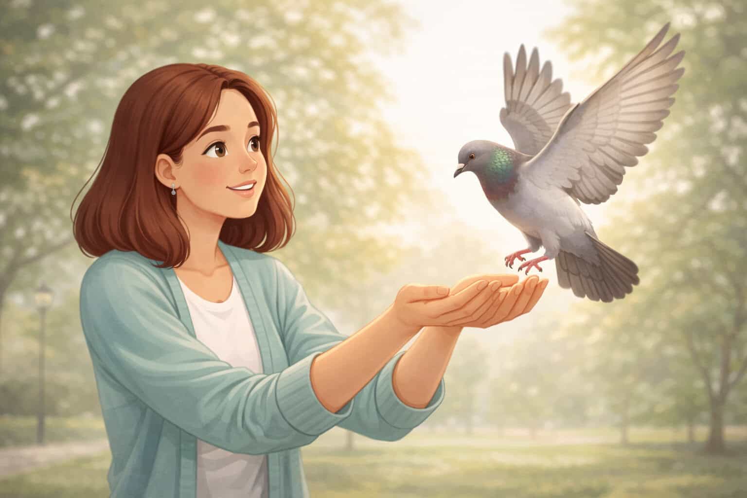 Woman calmly holding out her hands as a pigeon lands during exposure therapy Creature Courage