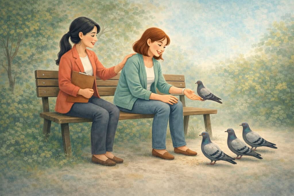 Woman feeding pigeons with therapist support during exposure therapy in a park Creature Courage