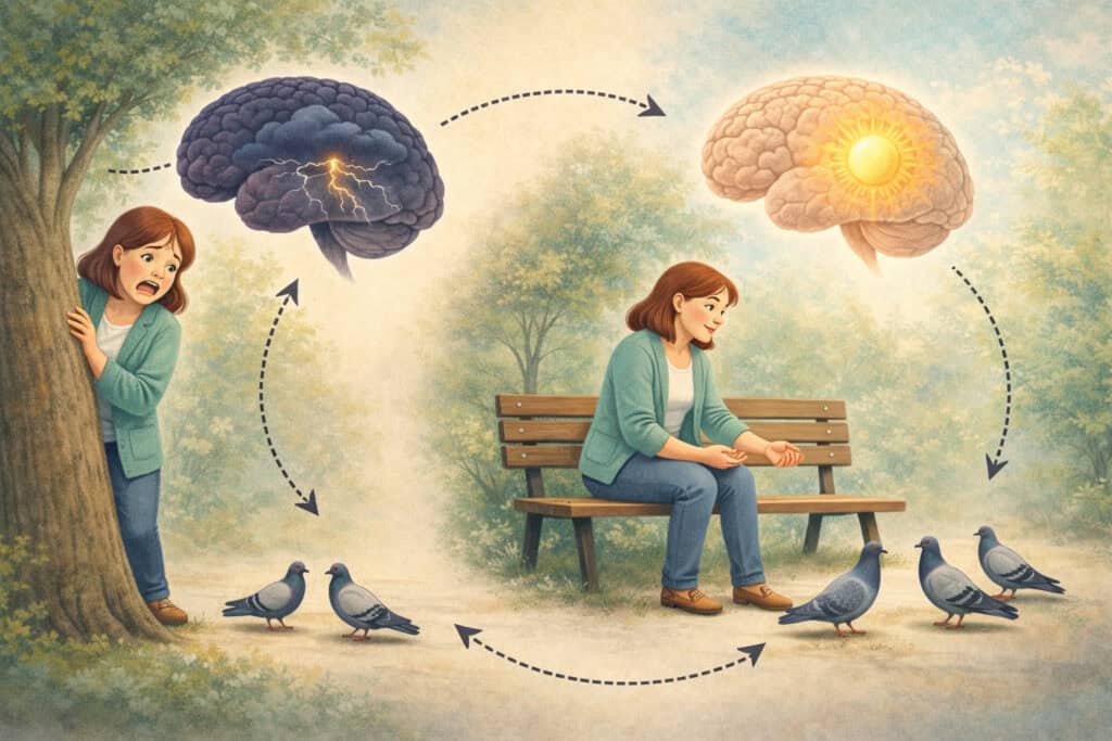 Illustration showing fear brain with storm cloud and calm brain with sunlight during exposure therapy Creature Courage