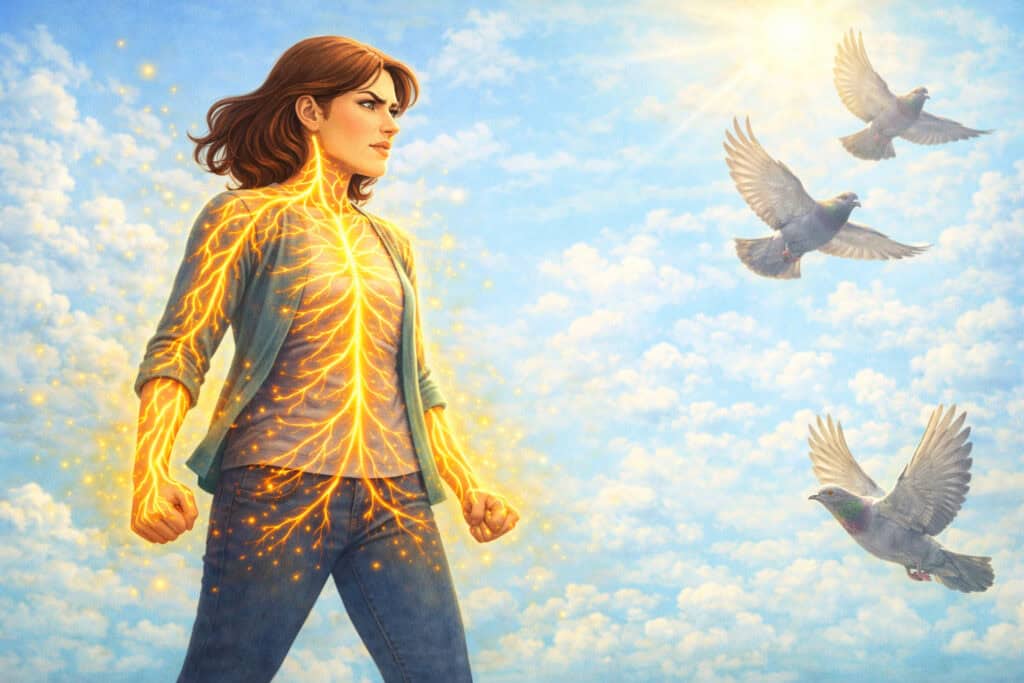 Woman facing pigeons with glowing nervous system representing fear activation during exposure therapy Creature Courage