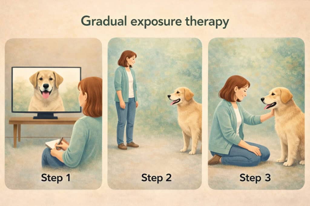 Three stages of exposure therapy showing woman watching dog video, standing near dog, and petting dog Creature Courage