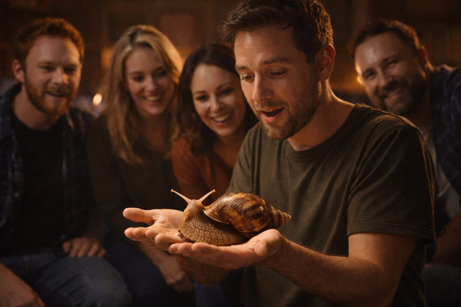 Person holding a giant African land snail during an experiential psychology workshop while others watch with curiosity and fascination.