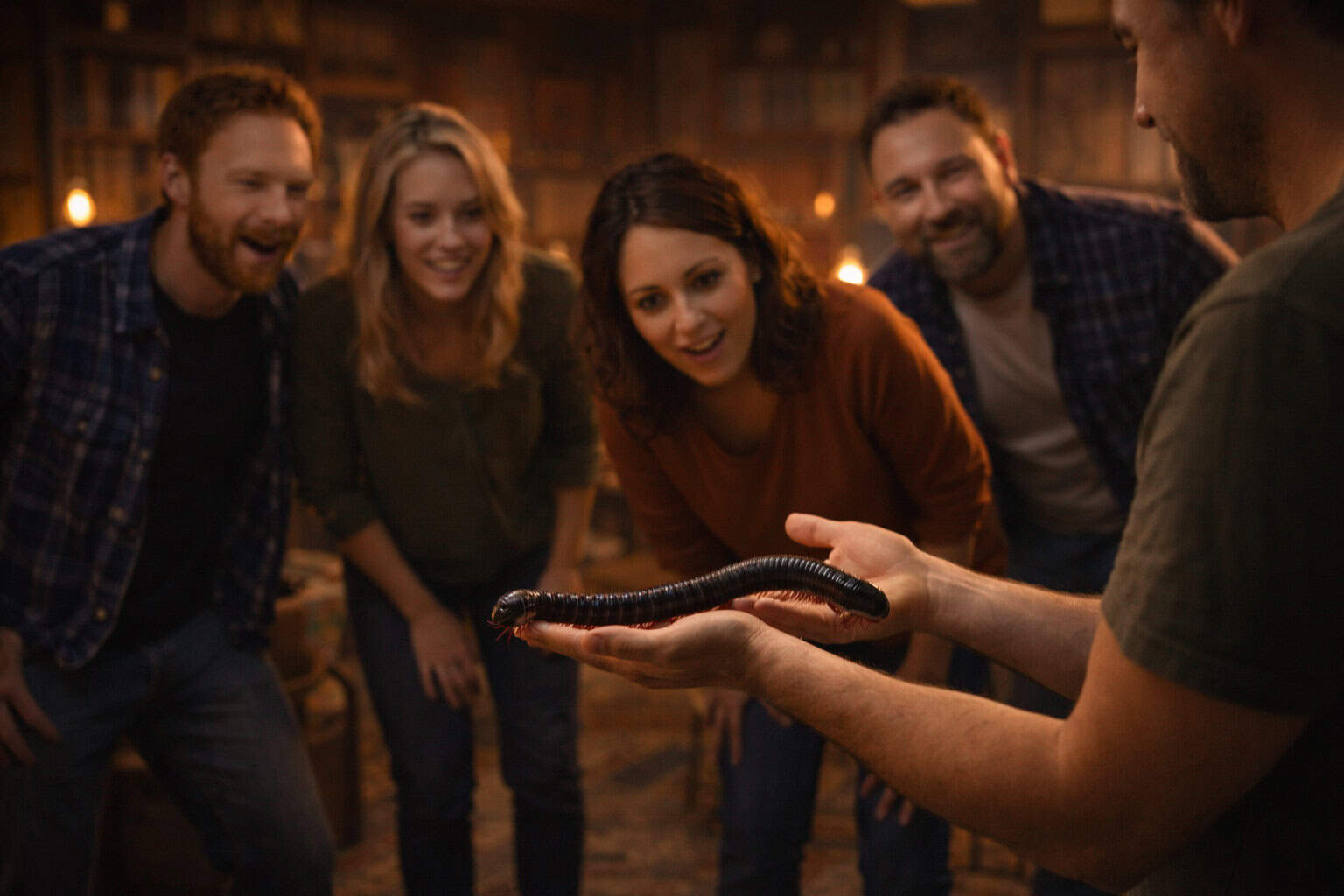 Group of adults watching a facilitator hold a giant African millipede during an experiential psychology workshop with curious reactions.