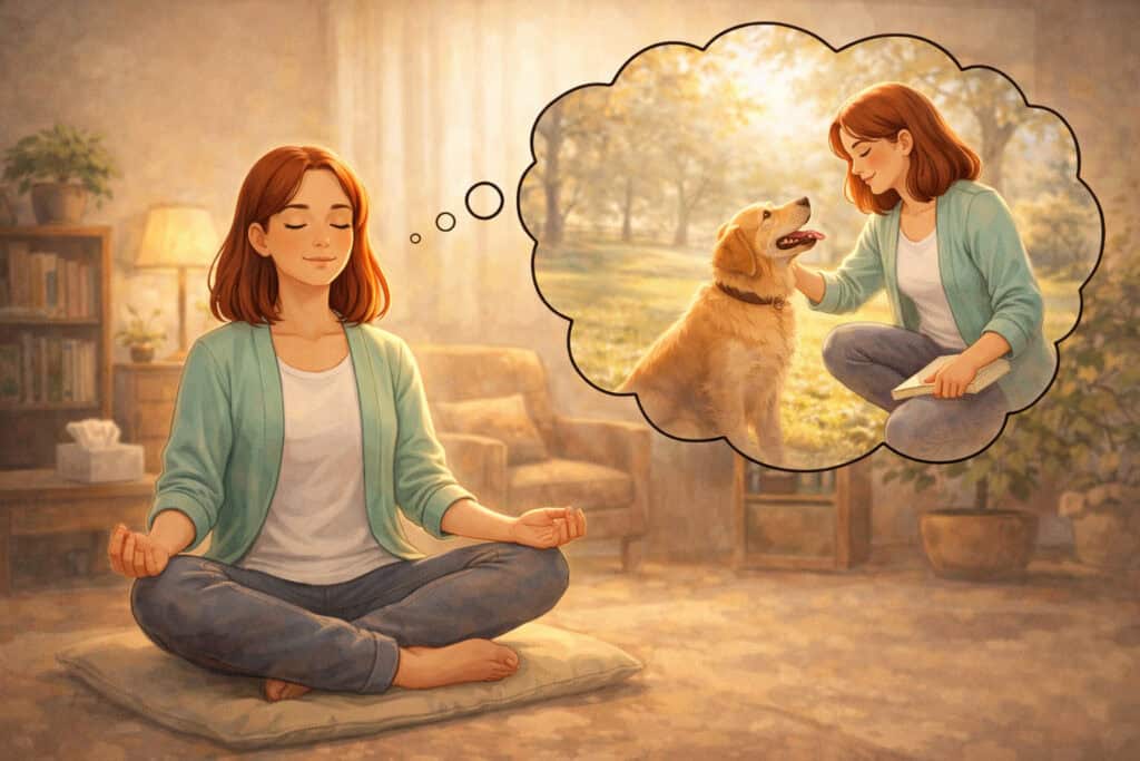 person meditating and imagining positive interaction with dog during art therapy Creature Courage