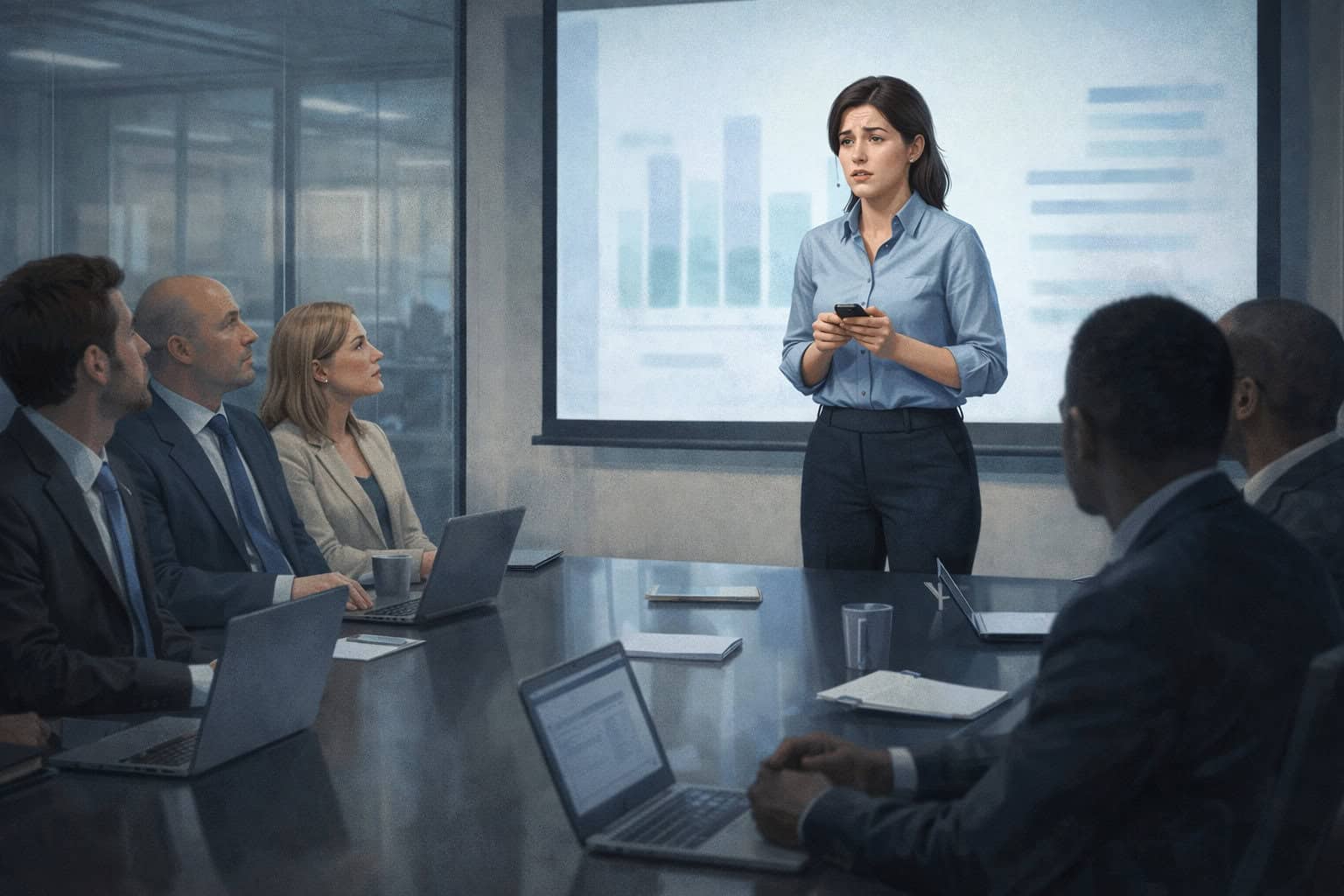 Nervous employee giving a presentation in a corporate meeting room illustrating workplace anxiety and phobia-driven avoidance