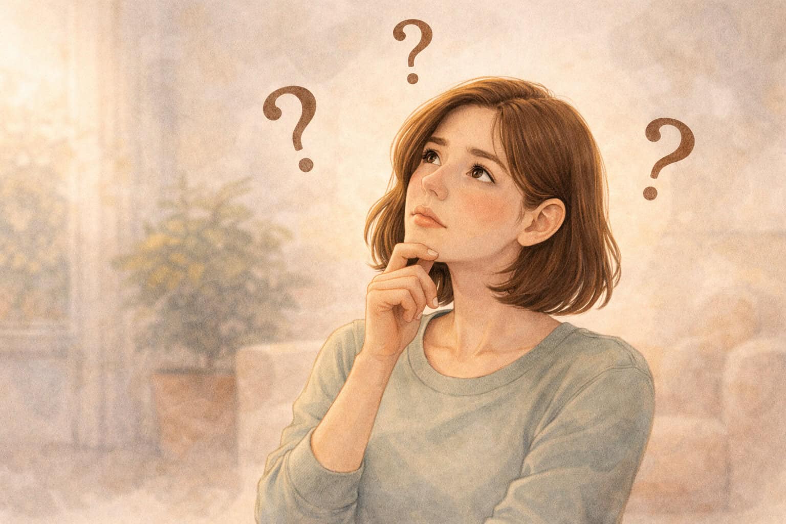 Woman looking up thoughtfully with question marks around her representing uncertainty about one day phobia treatment and needing more sessions Creature Courage