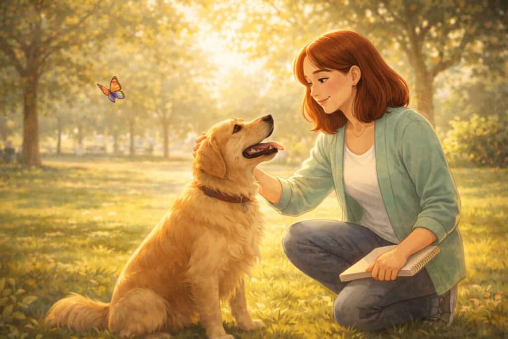 person calmly interacting with dog in park after overcoming animal phobia through art therapy Creature Courage