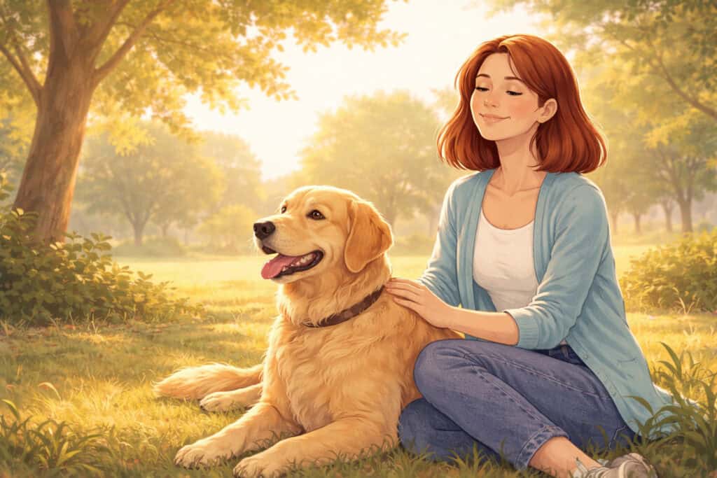 Woman calmly interacting with a dog after overcoming animal phobia showing confidence and relaxation