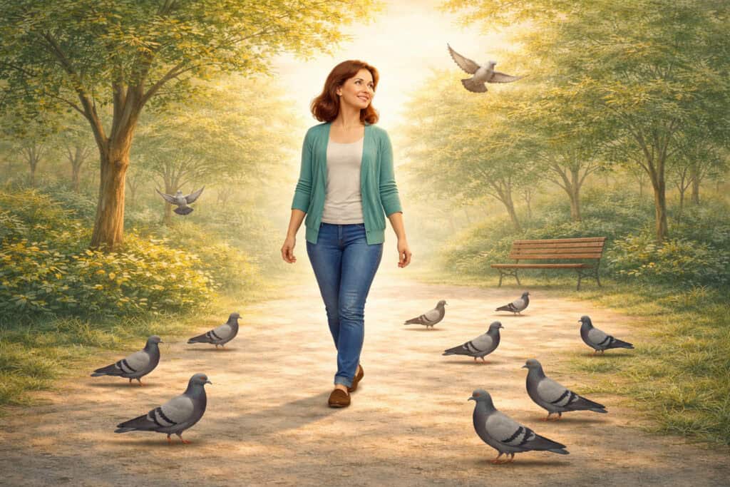 Woman walking confidently through park with pigeons after overcoming bird phobia Creature Courage