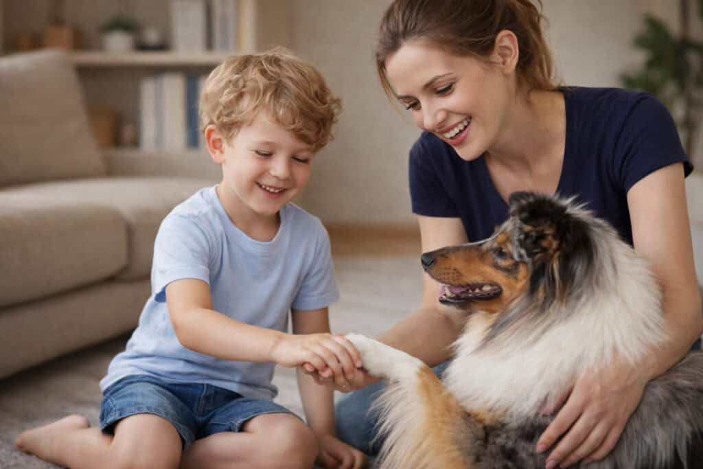 Parent calmly teaching a child how to interact confidently with a dog, building trust and reducing fear