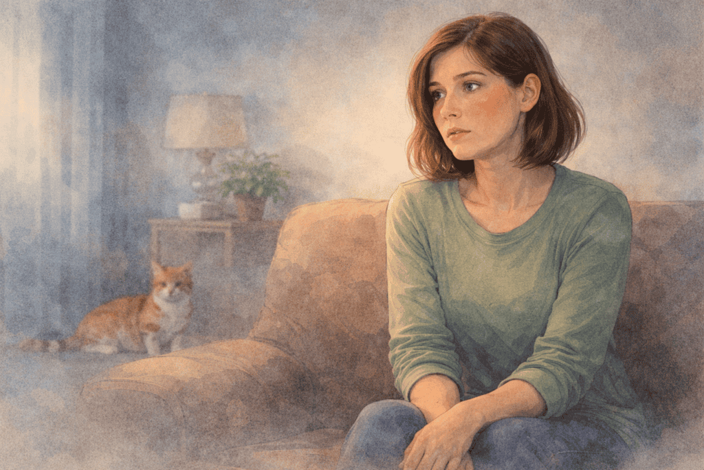 Woman sitting with slight anxiety while noticing a cat in the background representing early stage of exposure therapy Creature Courage