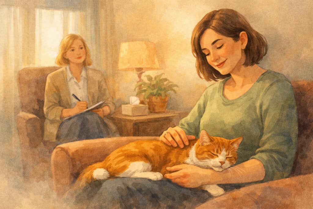 Woman calmly stroking a cat during phobia therapy session with therapist in a safe and supportive environment Creature Courage