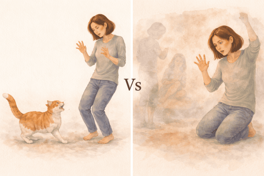 Illustration comparing simple phobia reaction to a cat versus complex trauma related fear response in exposure therapy Creature Courage