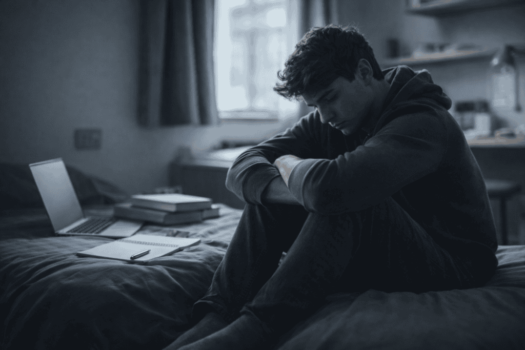 University student sitting on bed feeling mentally fatigued due to academic pressure