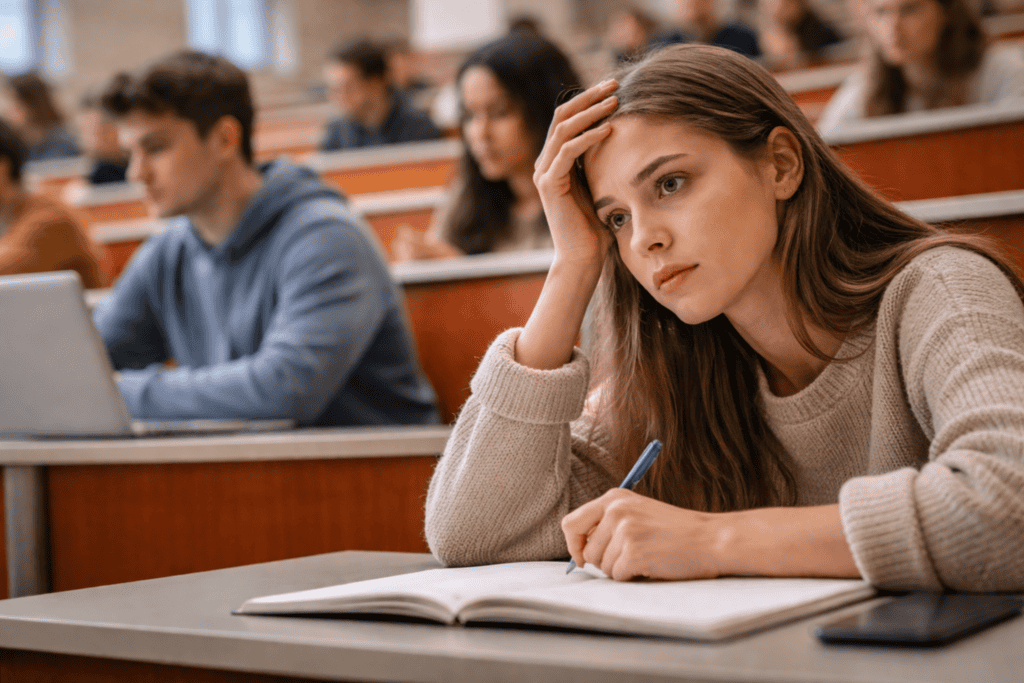 Student feeling anxious and overwhelmed during lecture in UK classroom
