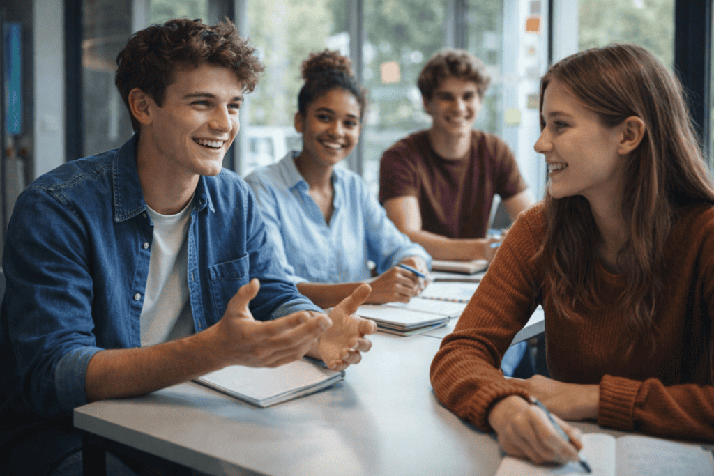 Students confidently engaging in classroom discussion and collaborative learning in UK school