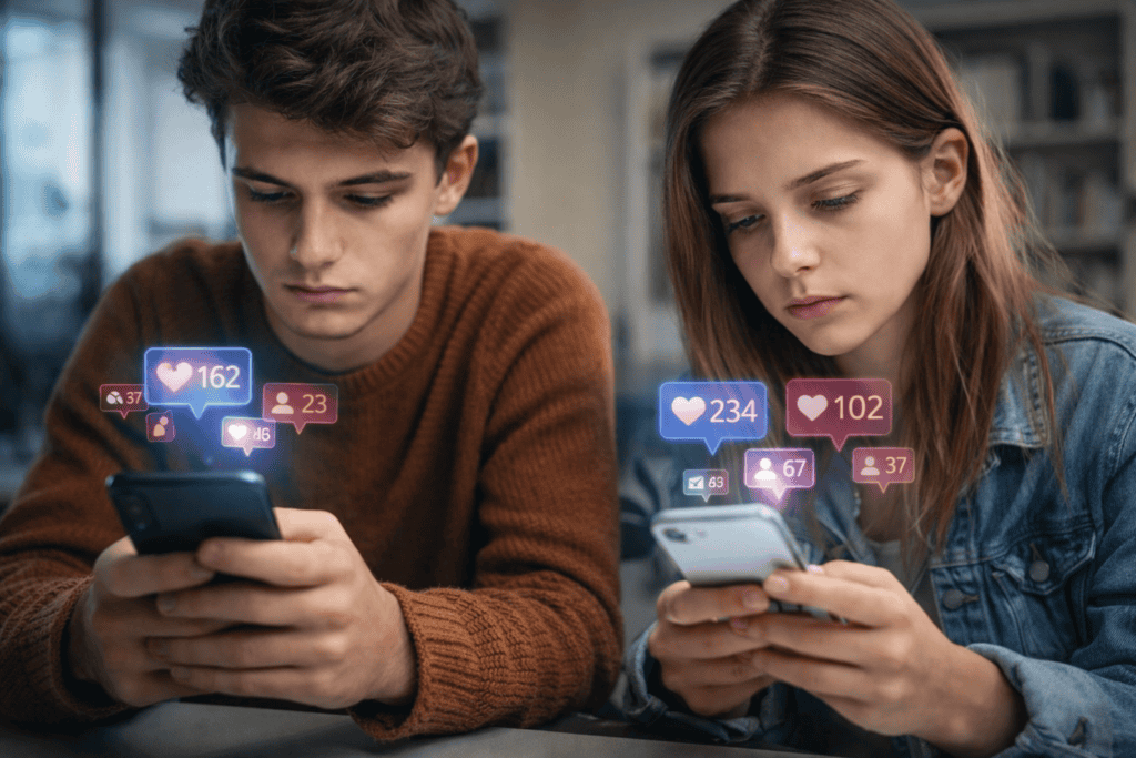 Students looking at phones comparing social media likes and engagement causing anxiety