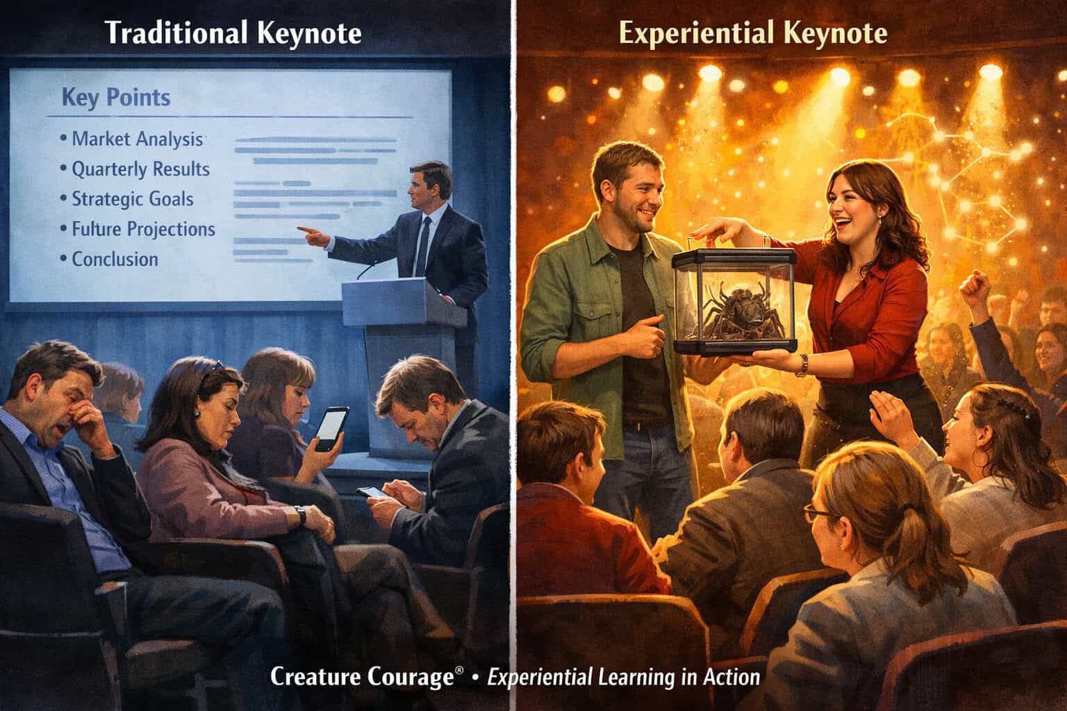 comparison between traditional keynote lecture and experiential keynote speaking