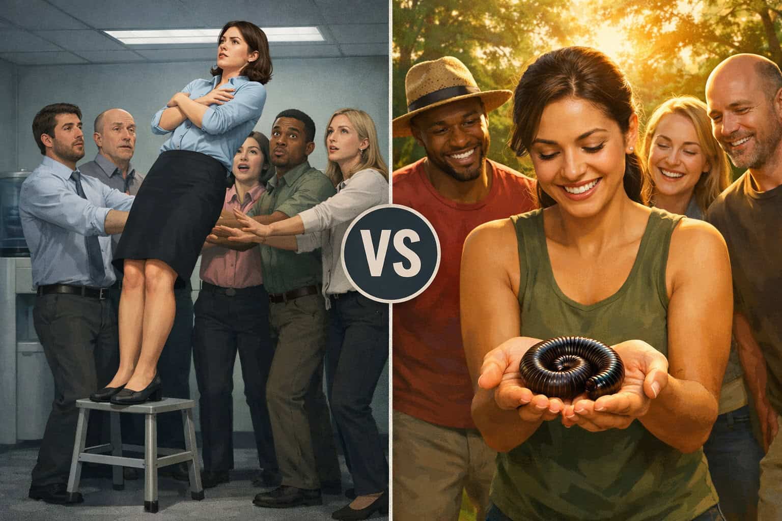 Traditional corporate trust fall team building compared with experiential workshop handling a giant African millipede
