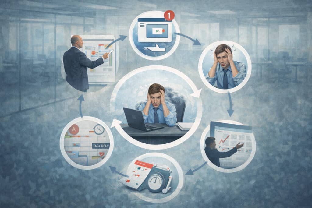 Illustration showing the workplace anxiety and avoidance cycle where fear leads to task avoidance, delays, and increased pressure.