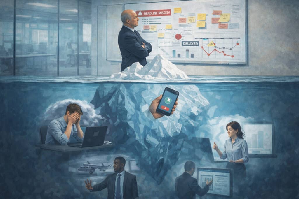 Iceberg illustration showing how hidden workplace anxiety and phobia-driven avoidance sit beneath visible problems like missed deadlines and delayed projects.