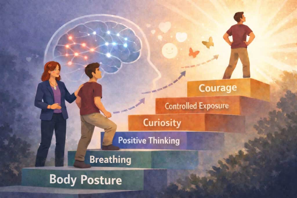 Step-by-step illustration showing how body posture, breathing, positive thinking, curiosity and controlled exposure lead to courage in overcoming fear Creature Courage