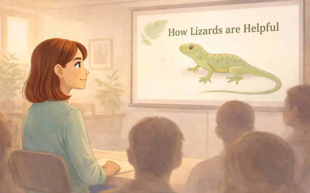 Woman watching a presentation about lizards with calm curiosity Creature Courage