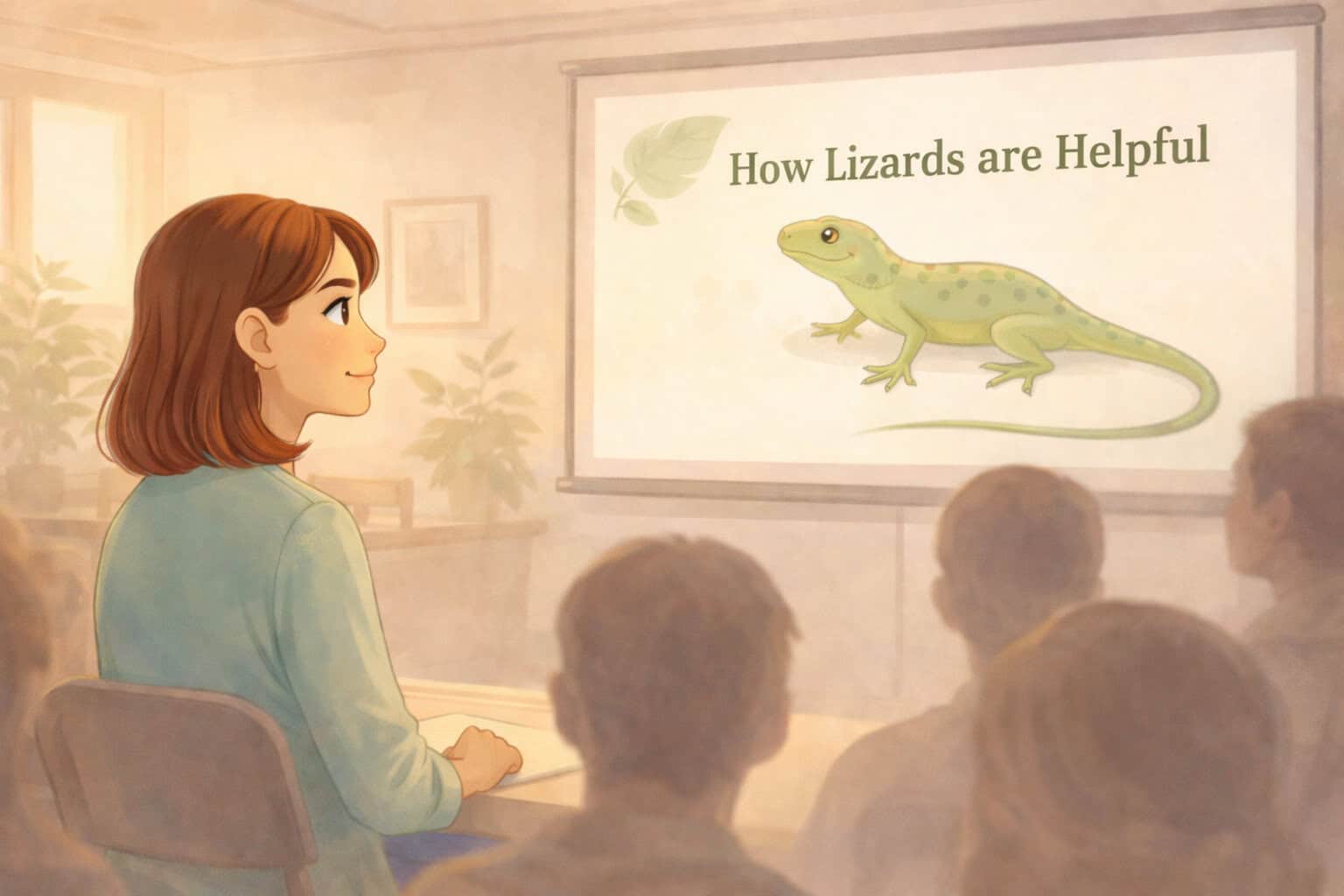 Woman watching a presentation about lizards with calm curiosity Creature Courage