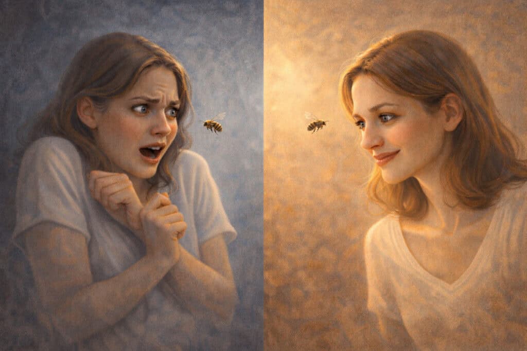 Two different reactions to a bee showing fear response versus calm response in animal phobia treatment Creature Courage