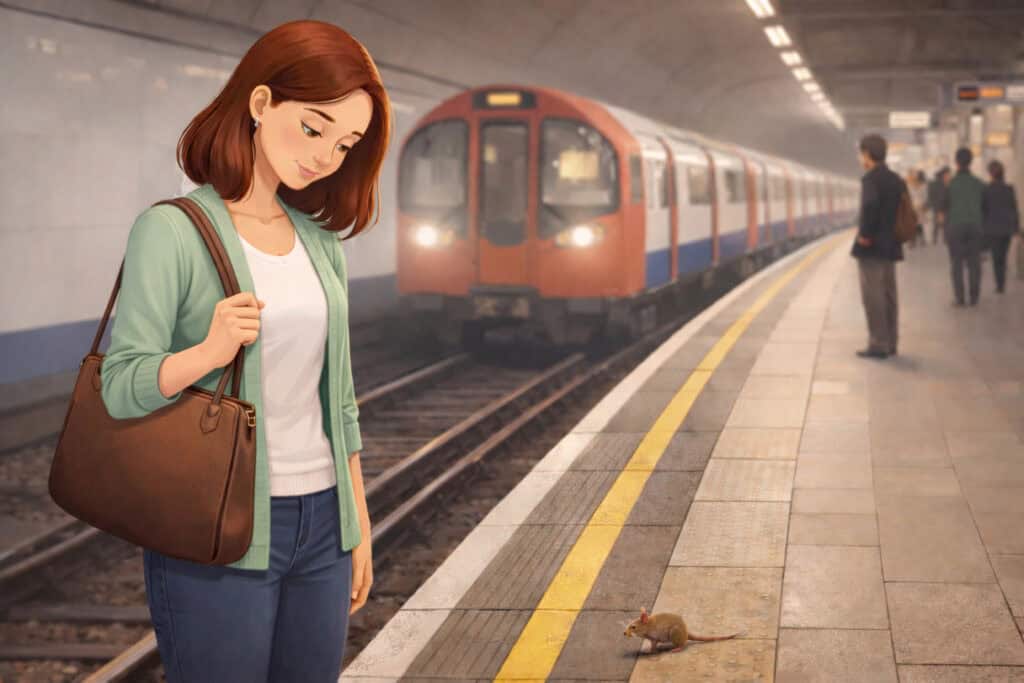  Woman calmly looking at a mouse on a London Underground platform demonstrating NLP techniques for overcoming fear Creature Courage
