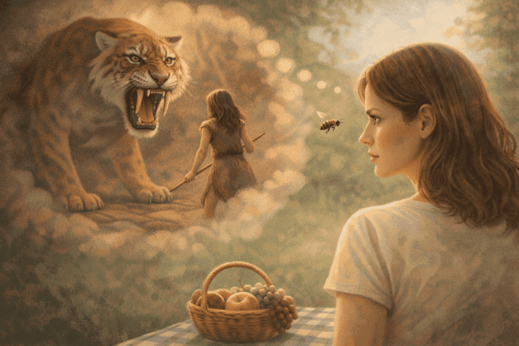 Caveman brain response showing imagined danger with sabre-tooth tiger while reacting to a bee Creature Courage