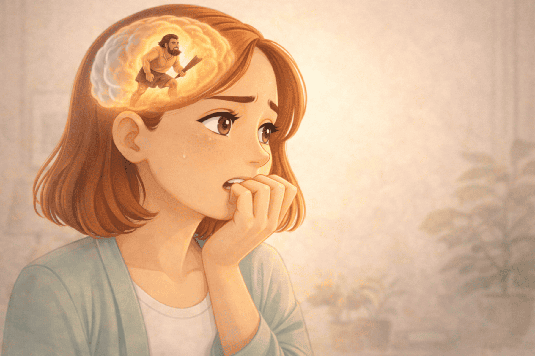 Illustration of woman showing anxiety with caveman brain inside head representing fear response Creature Courage