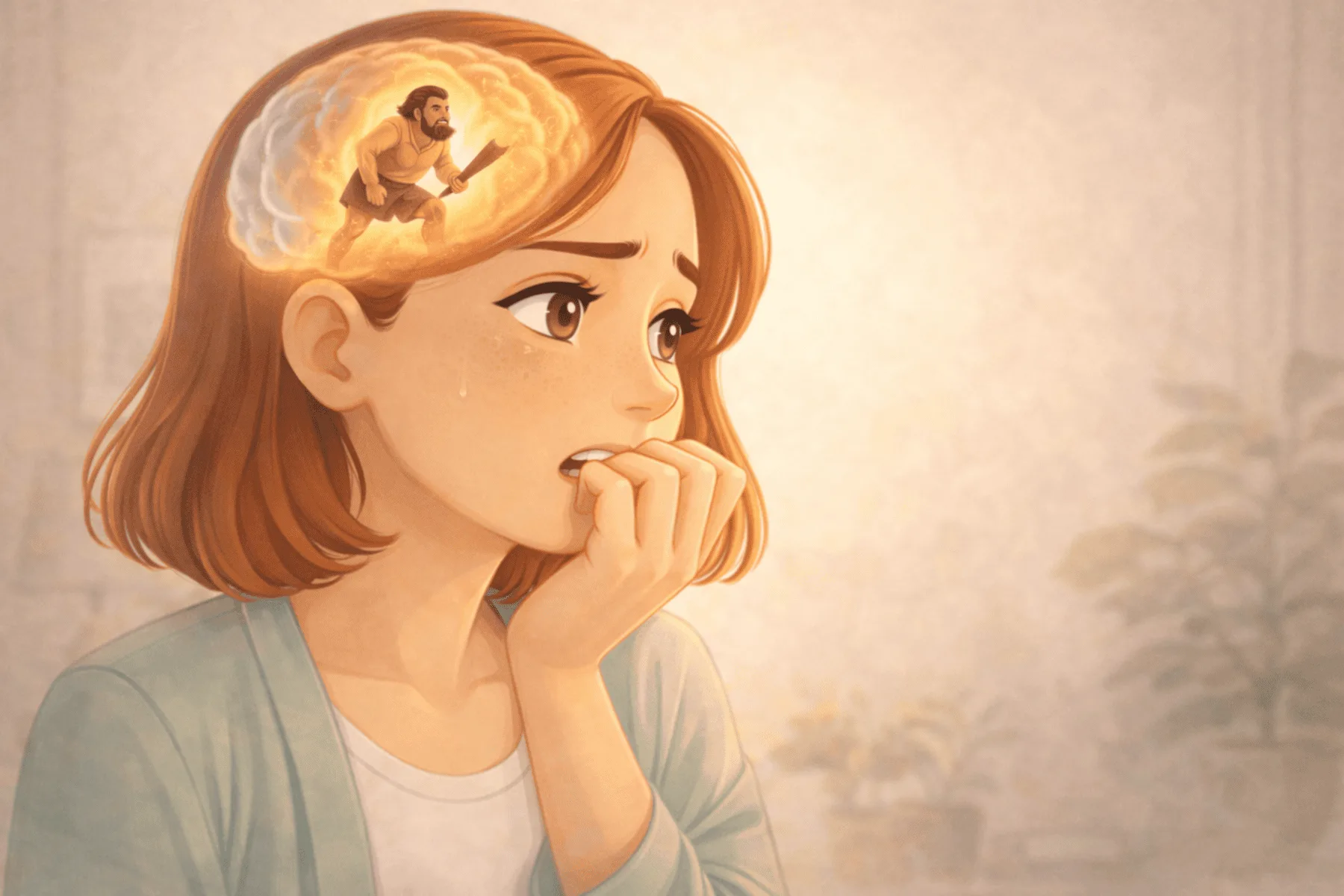 Illustration of woman showing anxiety with caveman brain inside head representing fear response Creature Courage