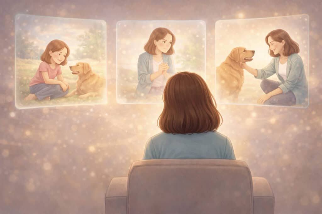 Woman using hypnotherapy cinema technique visualising past present and future self to overcome fear of dogs Creature Courage