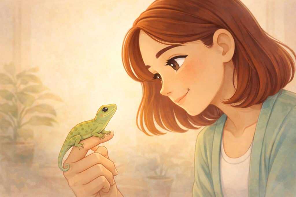 Woman gently smiling at a small lizard on her fingertip with compassion instead of fear Creature Courage